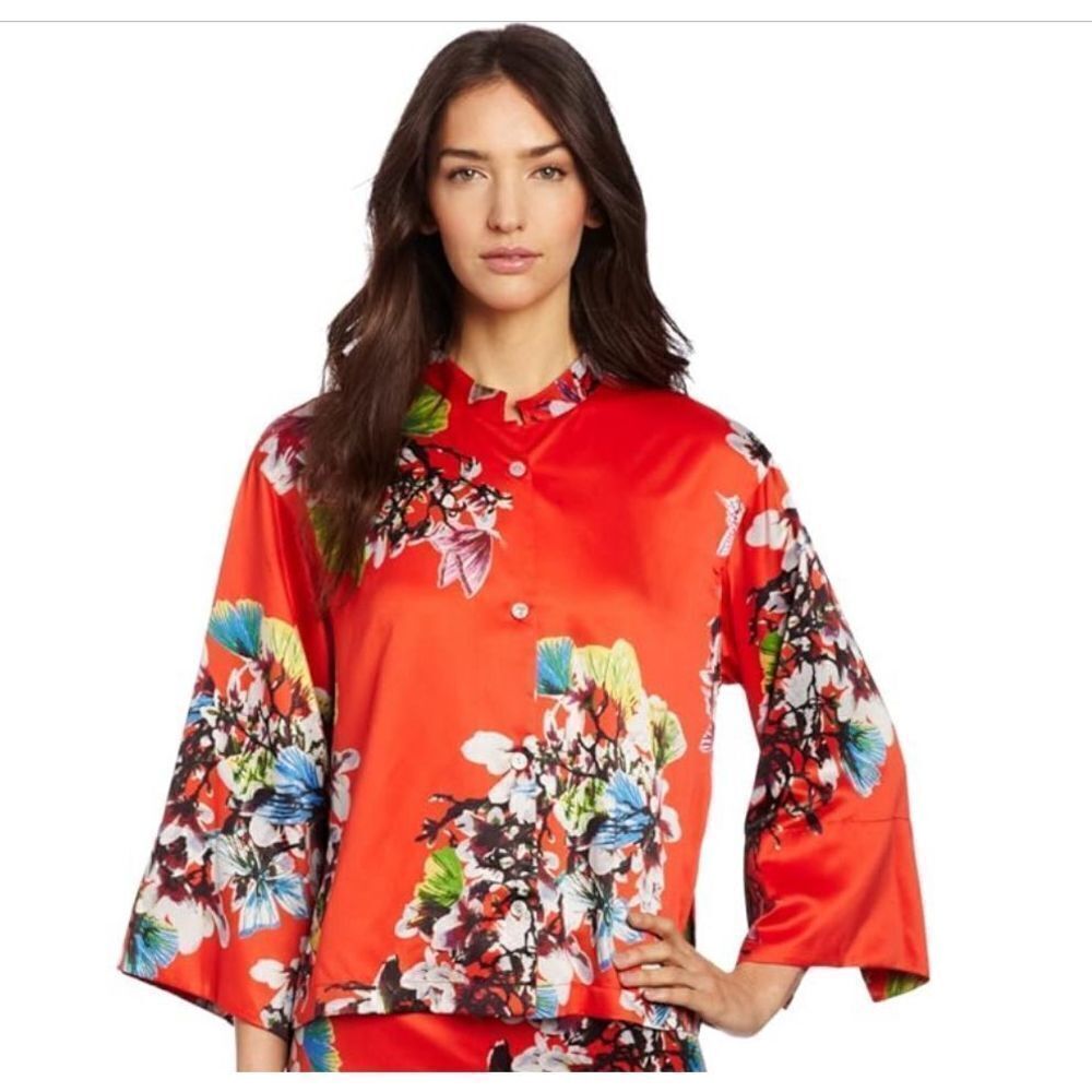 Natori Red‎ Jasper Erdene Button Down Top PJ Blouse S
